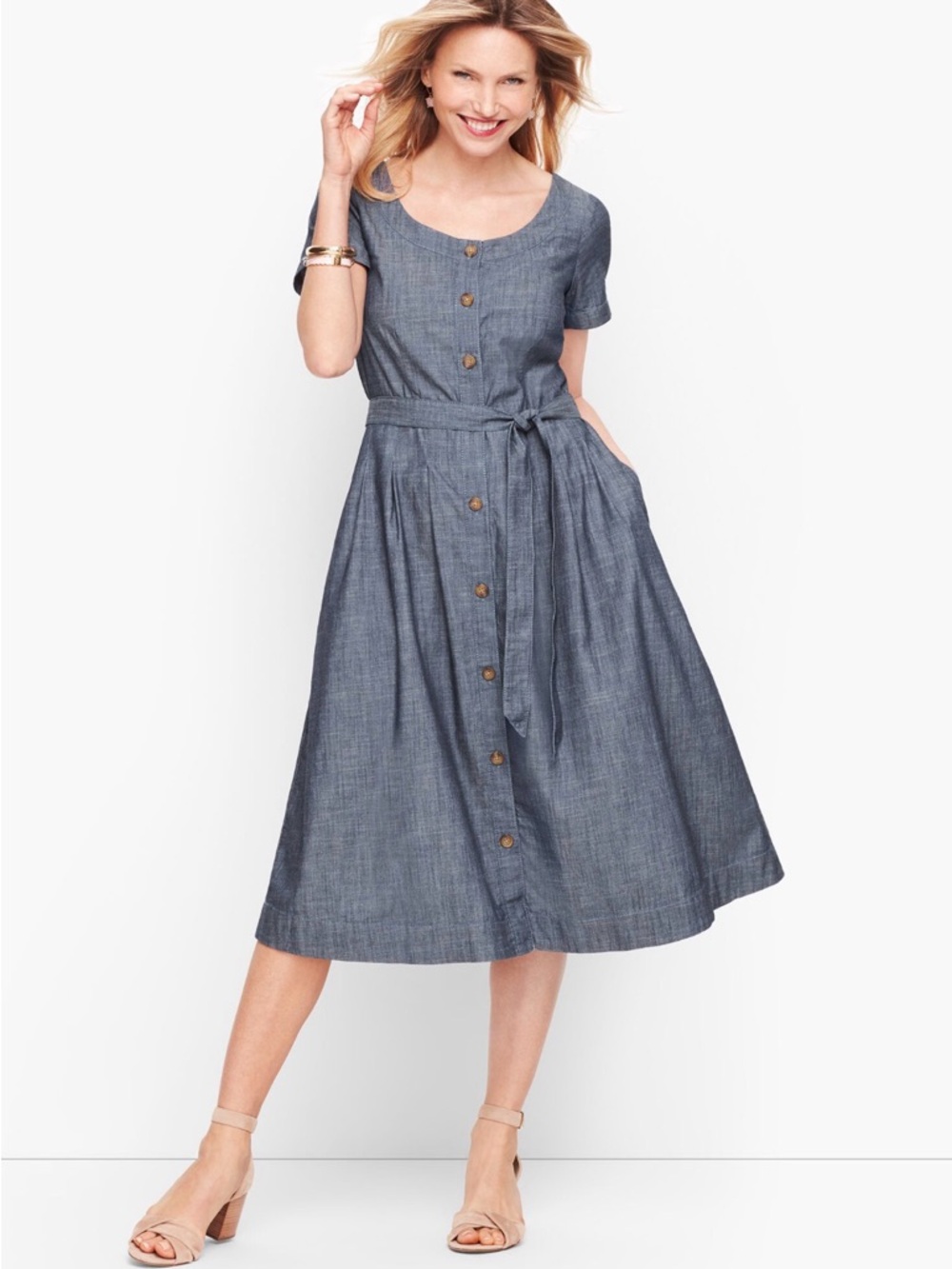 Talbots Chambray Blue Button-Front Midi Dress Fit & Flare with Waist Tie 2P
